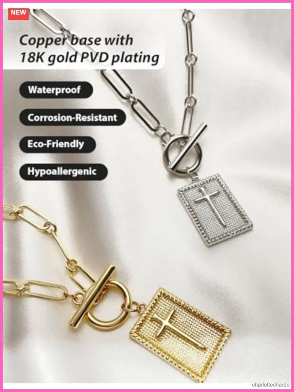 Chunky Gold Plated Cross Pendant Necklace Paperclip Chain Women Jewelry